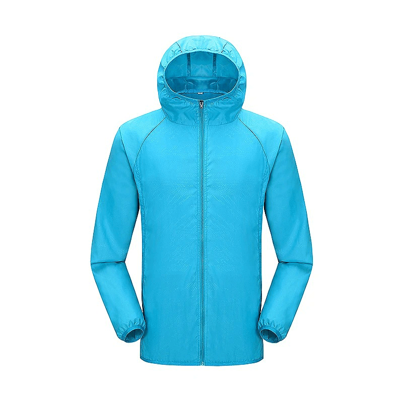Waterproof polyester hiking jacket SF2005 in blue, lightweight and breathable with sun-protection, anti-UV, and anti-static features.